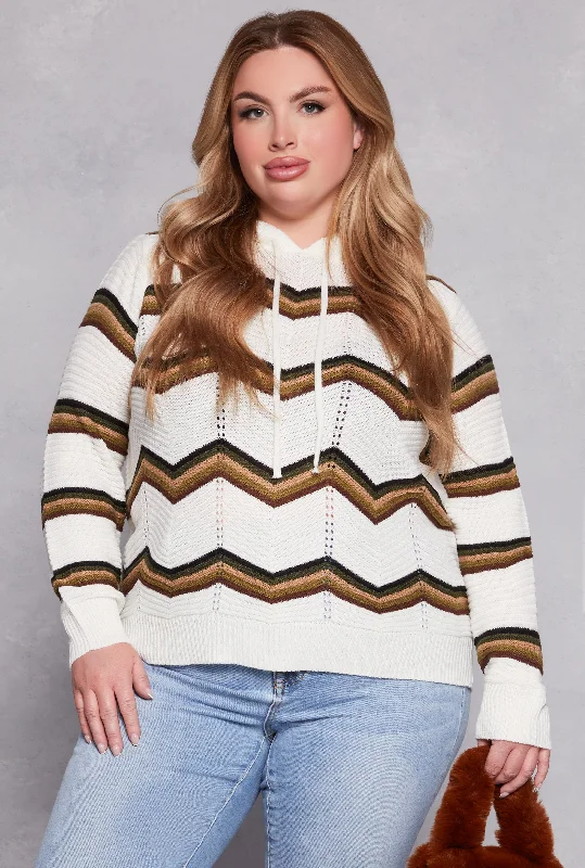 Plus Size Chevron Drawstring Hooded Sweater