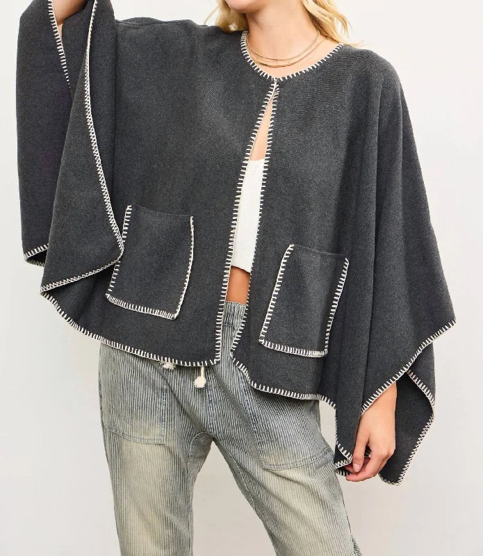 Front Snap Knit Poncho In Gray