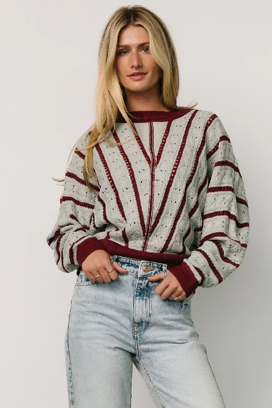 Paola Pointelle Sweater | Light Blue + Burgundy