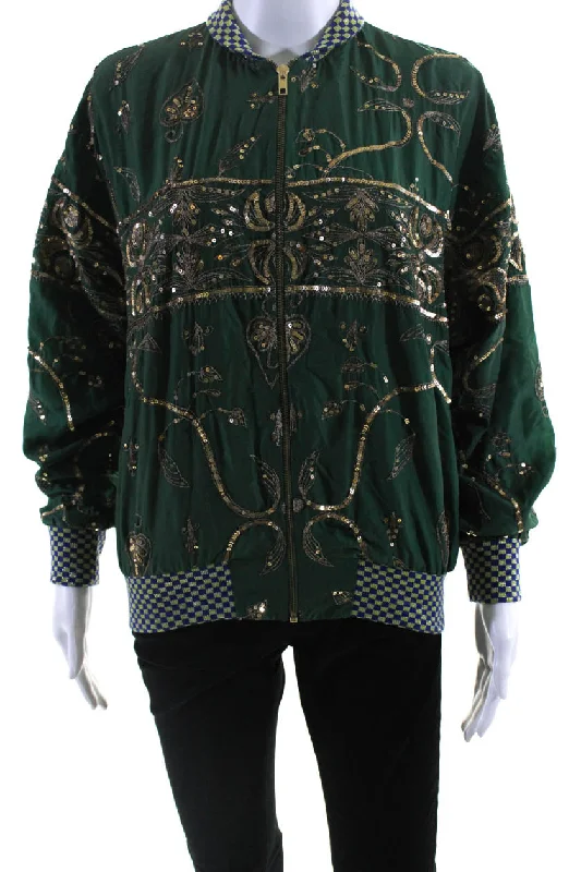 Ashish Womens Salvaged Sari Metallic Embroidered Bomber Jacket Green