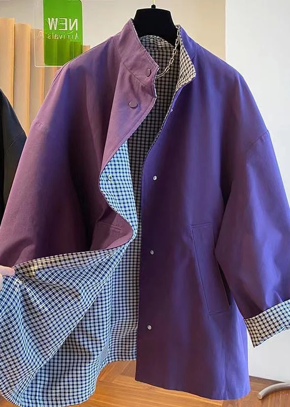 Casual Purple Stand Collar Wear On Both Sides Cotton Jacket Fall