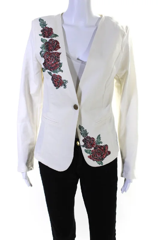 Elisabetta Franchi Womens Jeweled Floral Print Jacket White Cotton