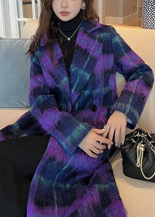 French Purple Plaid Notched Button Woolen Loose Coats Winter