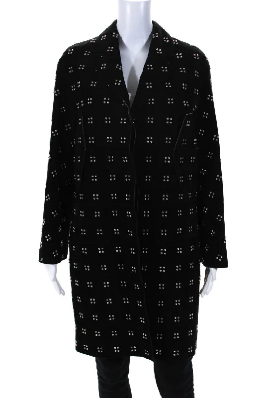 Hermes Womens Button Front Four Square Studded Suede Coat Black