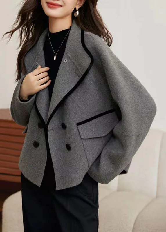 Loose Grey Button Pockets Woolen Coats Winter