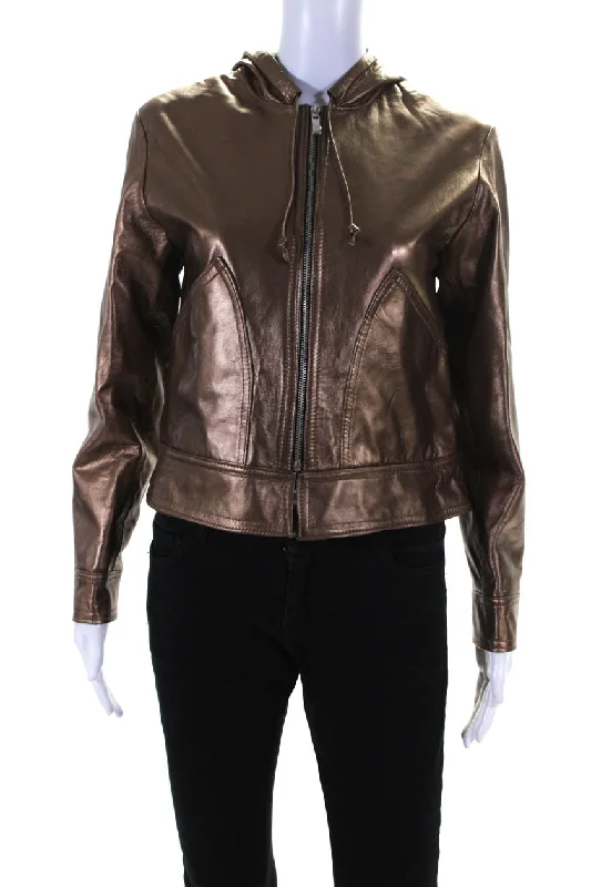 Natto Womens Metallic Leather Hooded Full Zip Jacket Copper