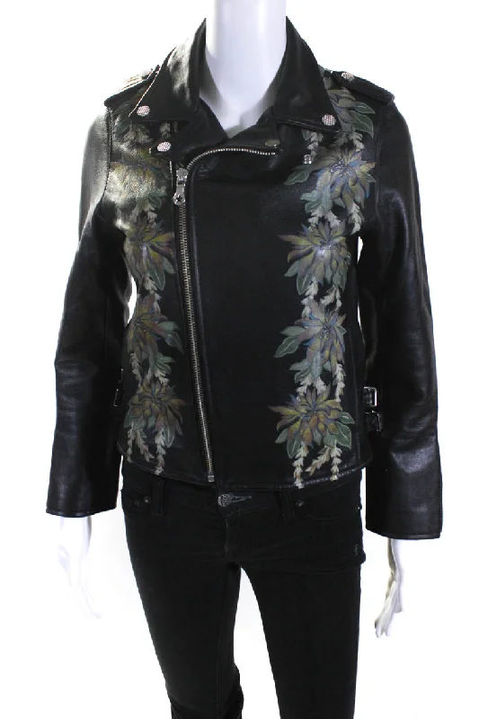 Phenomenon Womens Front Zip Collared Leather Jacket Black Multi