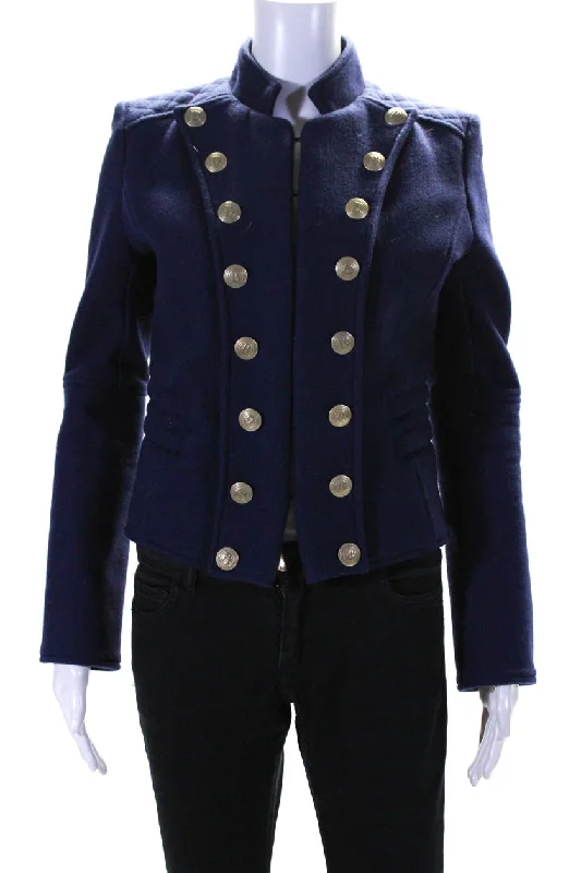 Pierre Balmain Womens Wool Blend High Neck Hook Closure Coat Navy