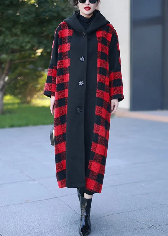 Red Plaid Patchwork Woolen Long Coats Hooded Winter