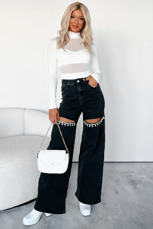 Constant Surprise High Rise Rhinestone Slit Wide Leg Jeans (Black)