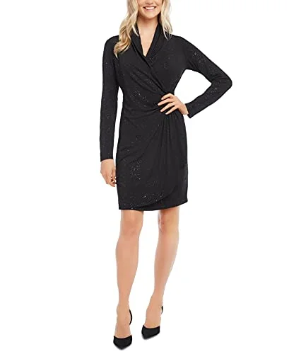 Glitter Long-Sleeve Faux-Wrap Dress