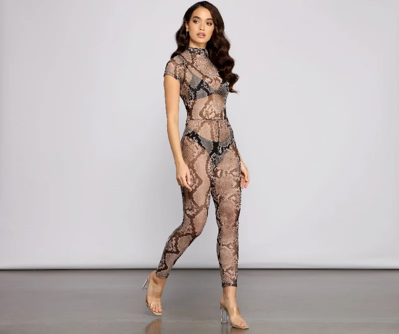 Sleek Snake Print Mesh Catsuit