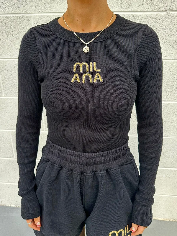 Black Embellished Ribbed Long Sleeve.