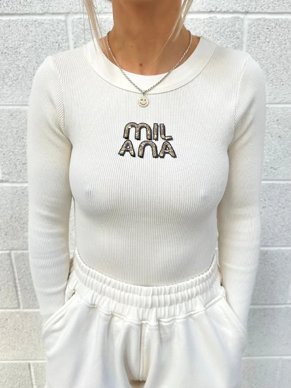 Cream Embellished Ribbed Long Sleeve.