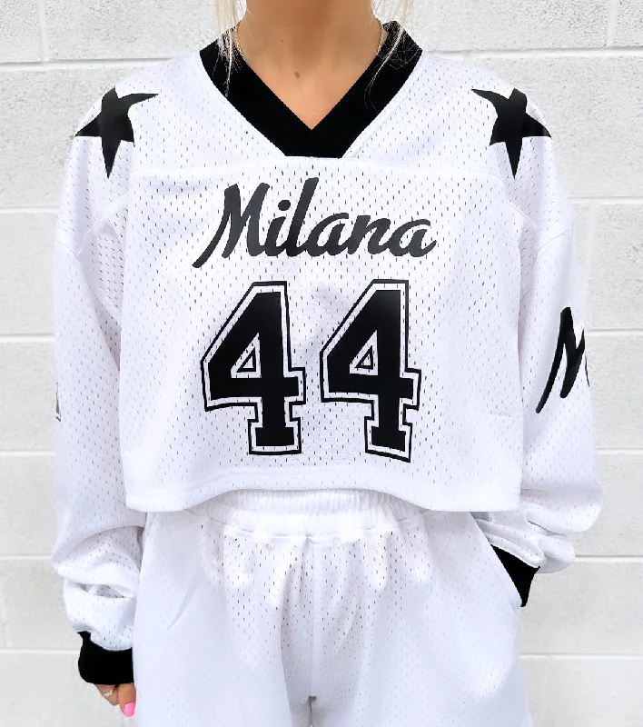 White Mesh Cropped Long Sleeve Jersey.