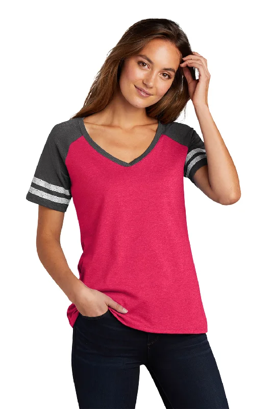 District Womens Game Short Sleeve V-Neck T-Shirt - Heather Watermelon Pink/Heather Charcoal Grey