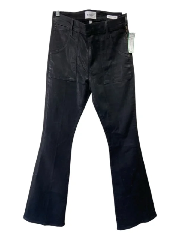 Frame Size 28 Black Cotton Coated Side Zip Flare High Waist Pants