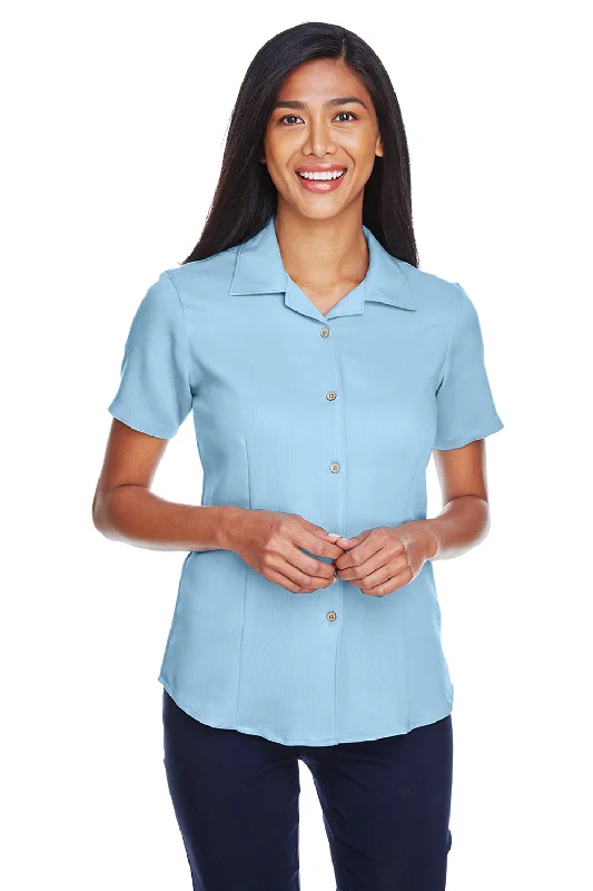 Harriton Womens Bahama Wrinkle Resistant Short Sleeve Button Down Camp Shirt - Cloud Blue