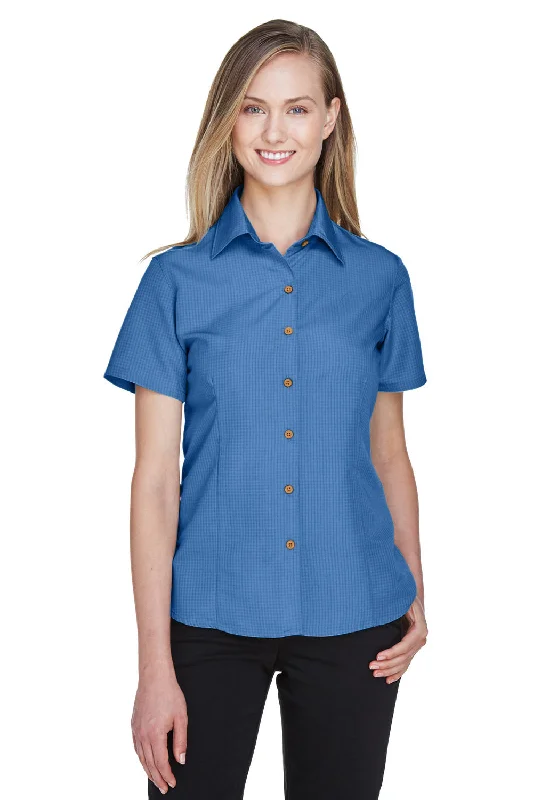 Harriton Womens Barbados Wrinkle Resistant Short Sleeve Button Down Camp Shirt - Pool Blue