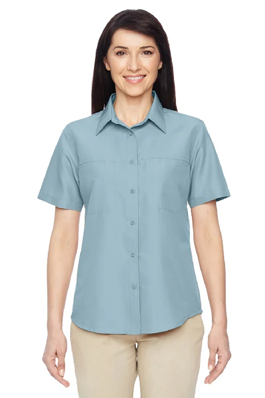 Harriton Womens Key West Performance Short Sleeve Button Down Shirt w/ Double Pockets - Cloud Blue