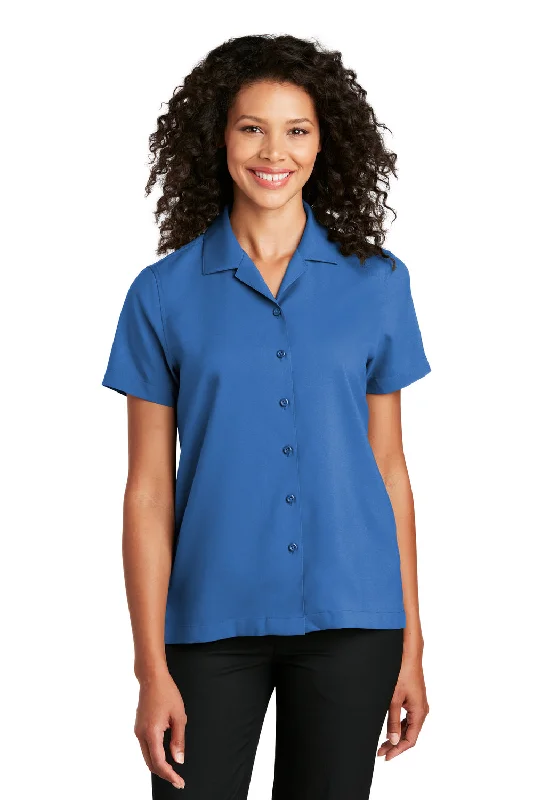 Port Authority Womens Performance Moisture Wicking Short Sleeve Button Down Camp Shirt - True Blue